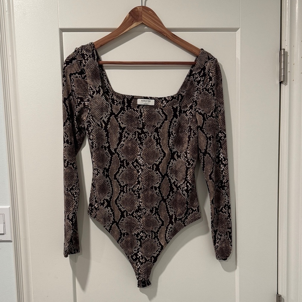Babaton Brown and Cream Snake-Print Long Sleeve Bodysuit
